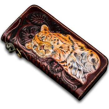 

Unisex handmade leather wallet first layer cowhide long zipper leather carving leopard vertical section carved money cloth clutc