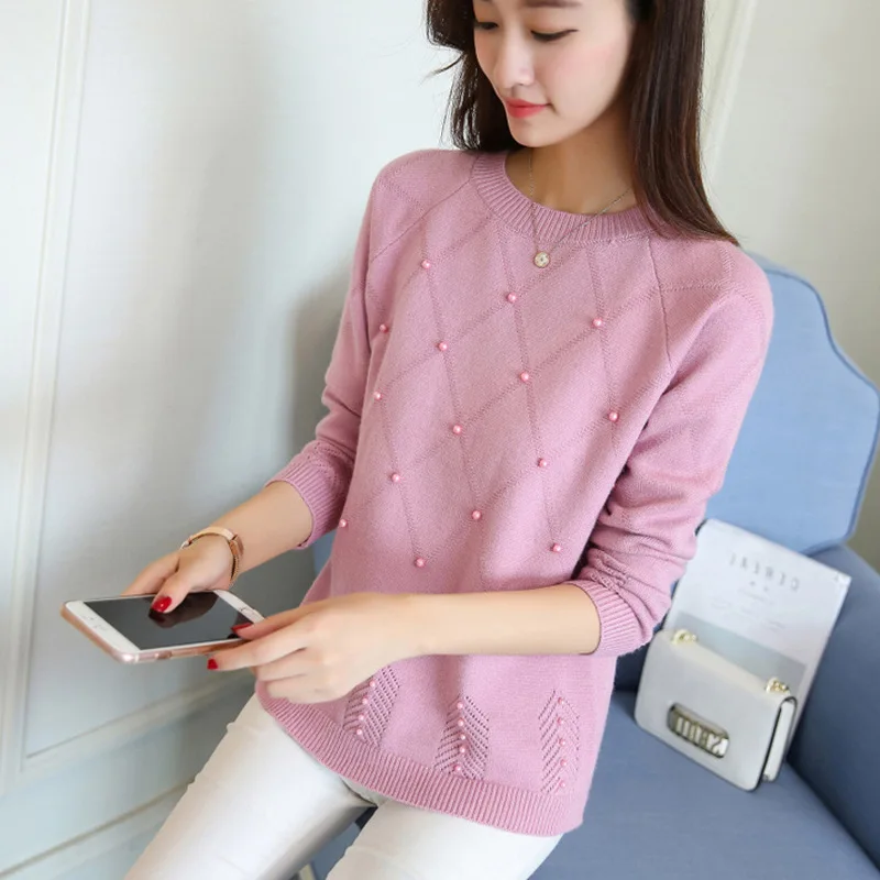 

New pin bead autumn / winter 2020 long sleeve female Korean student crew neck Pullover Sweater women's bottom sweater-31