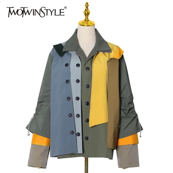 

TWOTWINSTYLE Hit Color Drawstring Jacket For Women Lapel Long Sleeve Casual High Street Jackets Female Fashion New Clothing Fall