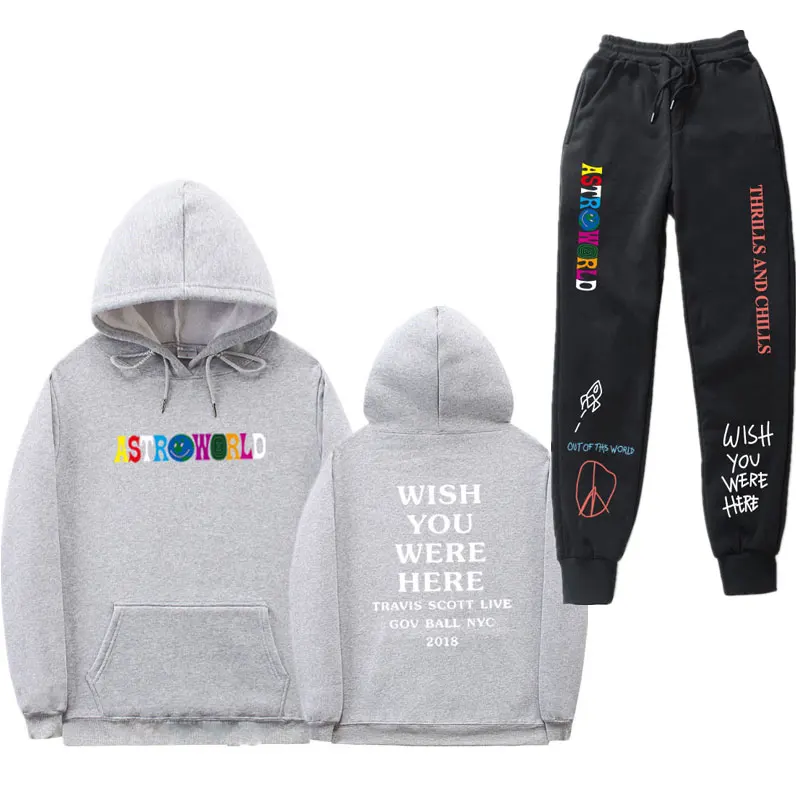 Трэвиса Скотта ASTROWORLD WISH YOU WAS HERE толстовки наборы уличная флисовая толстовка спортивные штаны Мужские Женские худи и брюки S-3XL - Цвет: Gray MS65WK0