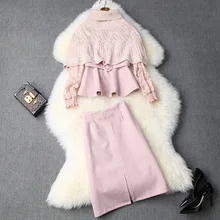 Женский осенне-зимний розовый замшевый костюм с юбкой, вязаная накидка с завёрнутым воротником, пончо+ кружевные топы с рукавами, сексуальные юбки, комплект из 3 предметов, синий цвет