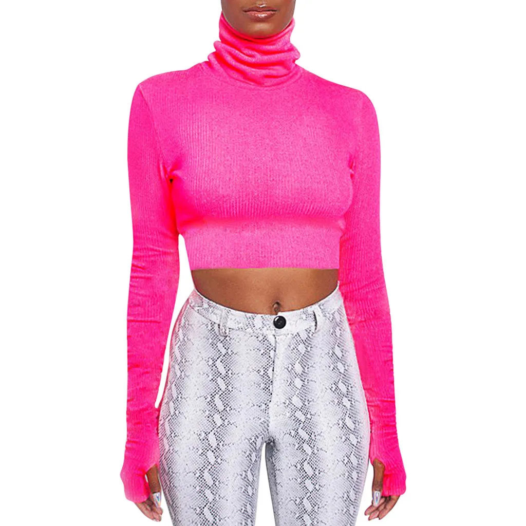 Hot Pink Осенне-зимние пуловеры с высоким воротником, свитера, модный однотонный флуоресцентный тонкий свитер с длинными рукавами, короткий корейский Тонкий плотный свитер - Цвет: Hot Pink