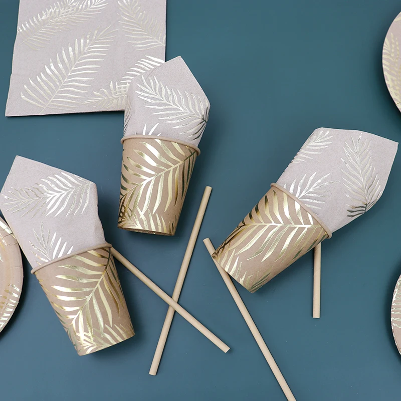 Disposable Kraft Paper Tableware Set – Golden Palm Leaf Pattern Plates, Cups, Napkins, ... - SKU KTS12264 - UGI Packaging