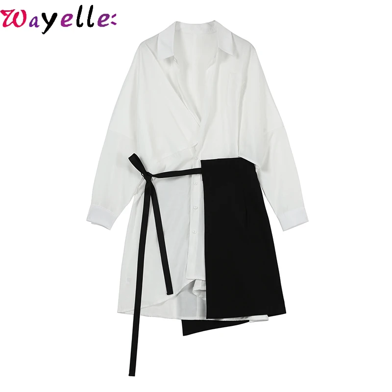 

France Style Vintage Dress Women 2019 New Autumn Winter Lapel Long Sleeve Loose Bandage Split Joint Two Piece White Shirt Dress