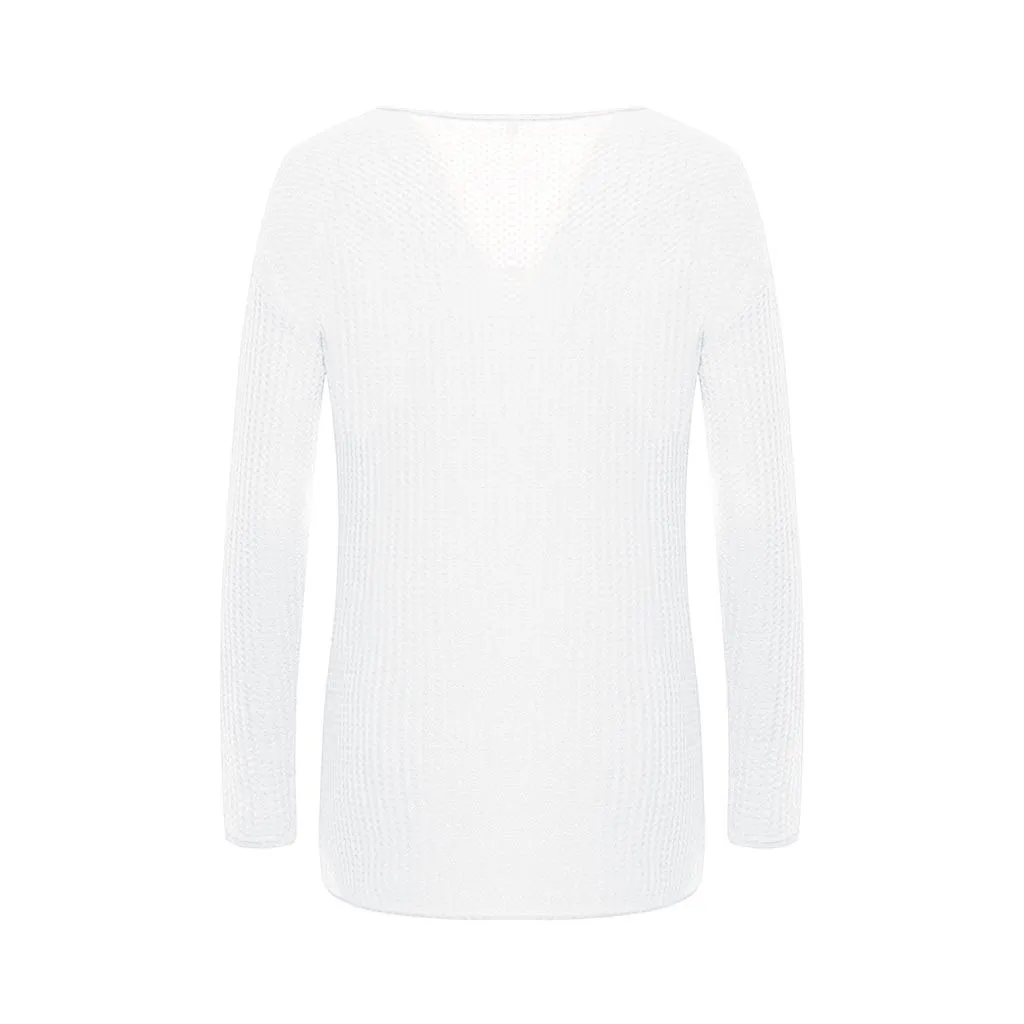 Jaycosin Fashion Casual Lady Long Sleeve V-neck Sweater Stylish Comfortable Soft Solid Color Knitting Slim Blouse Sweater Tops