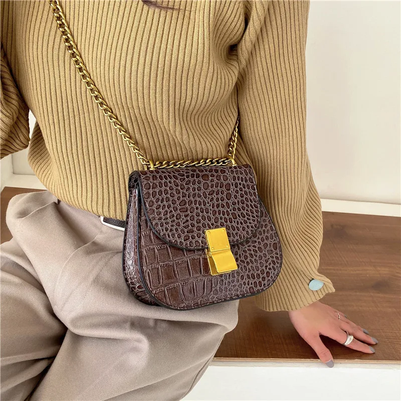 

Western Style Bag Women's 2019 Fashion Korean-style INS Versatile Crocodile Pattern Shoulder Bag Textured Chain Shoulder Saddle