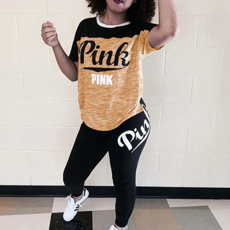 PINK Plus Size XXXL Women'S Summer Tracksuit Printing Outfits Short Sleeve T-Shirts And Long Pants 2 Piece Set Fitness |