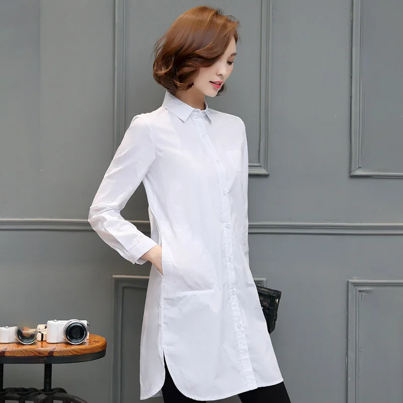 White Корейское белое платье-рубашка с длинным рукавом, женское элегантное офисное весеннее базовое платье большого размера, простое удобное платье-карандаш, свободные шикарные платья - Цвет: White
