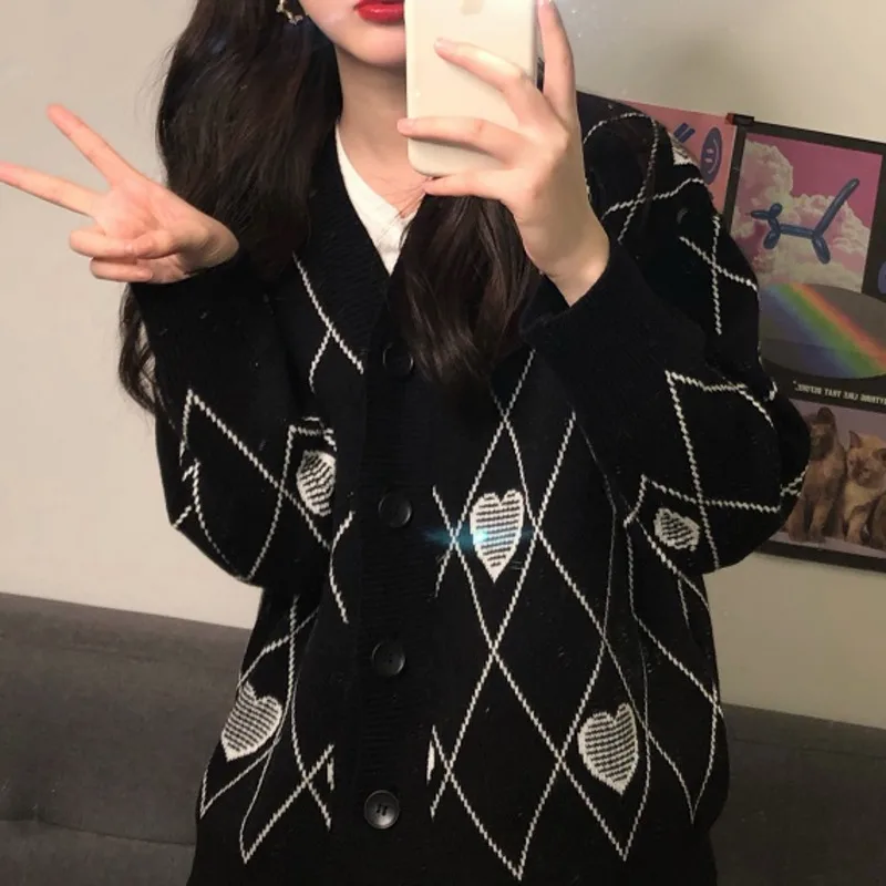 XUXI-suéter de manga larga con cuello en V para mujer, suéter negro, tejido a la moda con corazón de melocotón, contraste de Color, punto abierto, primavera y otoño 2021, E1338