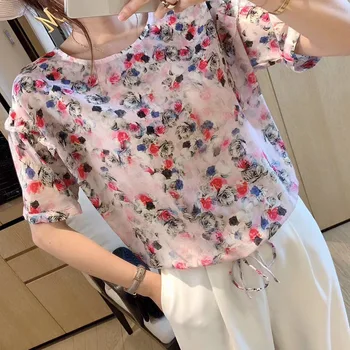 

100% Silk Printed Shirt Loose Silk Ruffle Shirt 2020 Summer New Rural Silk Pullover Blouses Printed Round Neck Large Silk Shirts