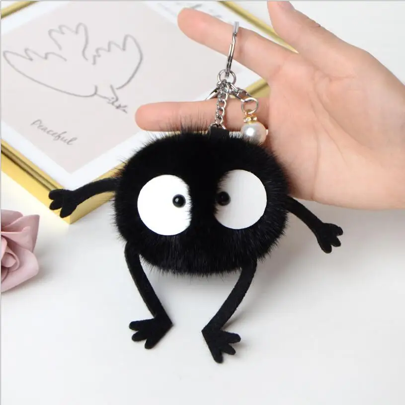 

Plush Black Carbon Coal Ball Keychain Soft Stuffed Toy Pendant Pink Real Mink Fur Toy Bag Key Purse Decorate Chain Keyring