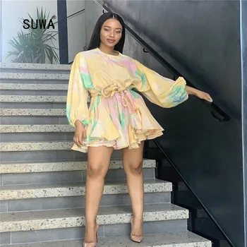 

2020 Hot Newest Style Tie Dye Print High Waist Mini Dress Fashion Spring Summer Streetwear Women O Neck Full Sleeve Vestidos