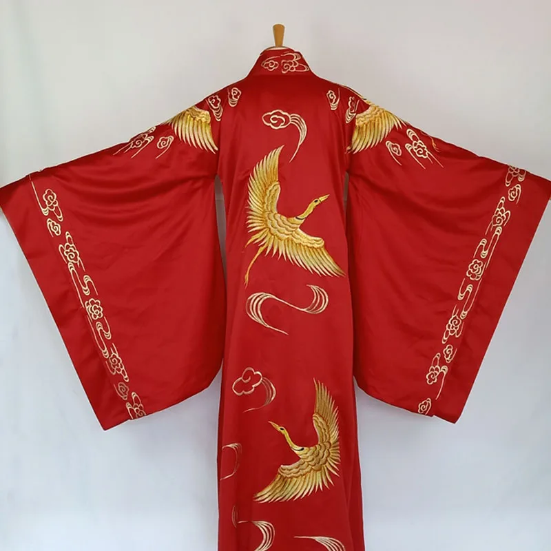 Traditional Chinese Wedding Hanfu Costume Sets for Bride and Groom Red with Golden Embroidery Phoenix Long Tailed Hanfu