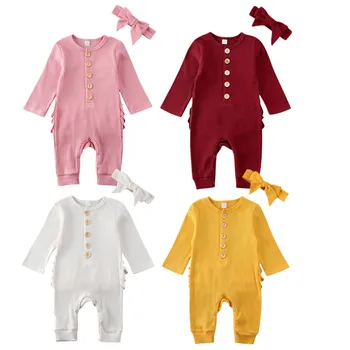

Newborn Baby Boy Girl Rompers Headband 2pcs Outfit Knitted Solid Kong Sleeve Ruffle Romper Jumpsuit Clothes