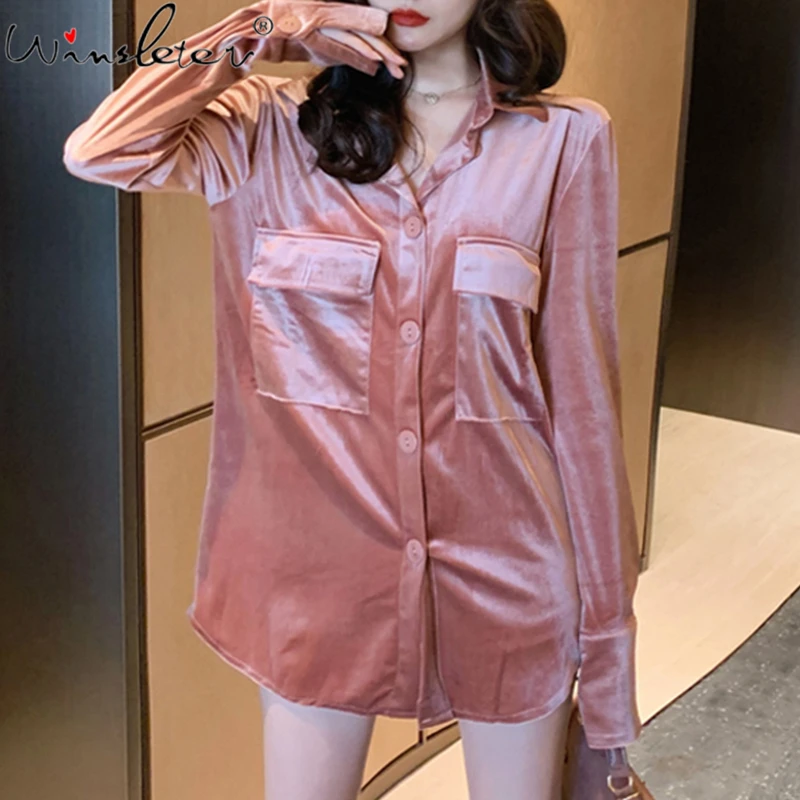 Printemps Deux Poches Femmes Chemise En Velours Femme Blouse Hauts A Manches Longues Retro Col Rabattu Decontracte Femmes Blouses Laches T04101b Aliexpress