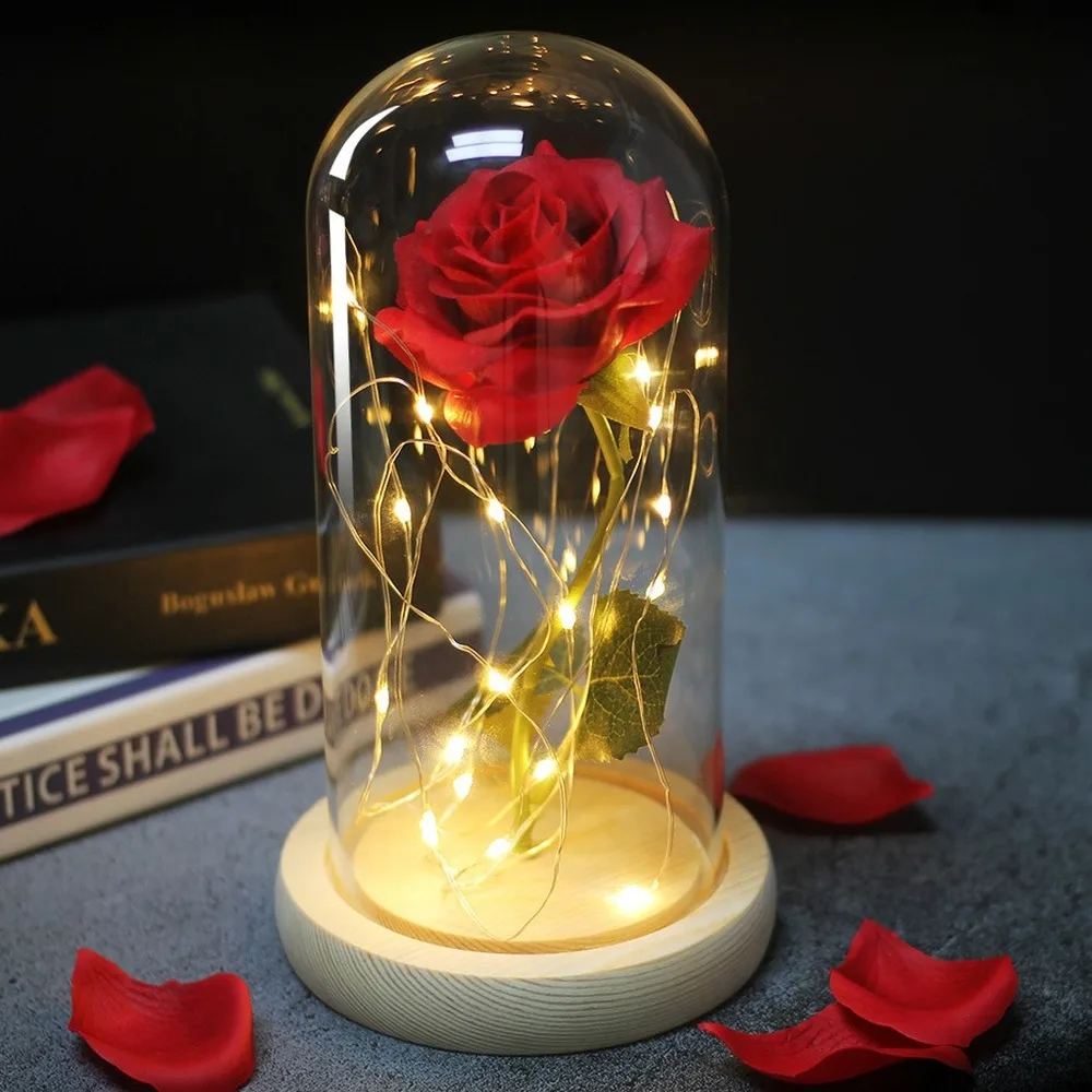 

Artificial Eternal Rose Led Beauty and The Beast Glass Cover Christmas Home Decoration Mother Valentine's Day New Year Gift