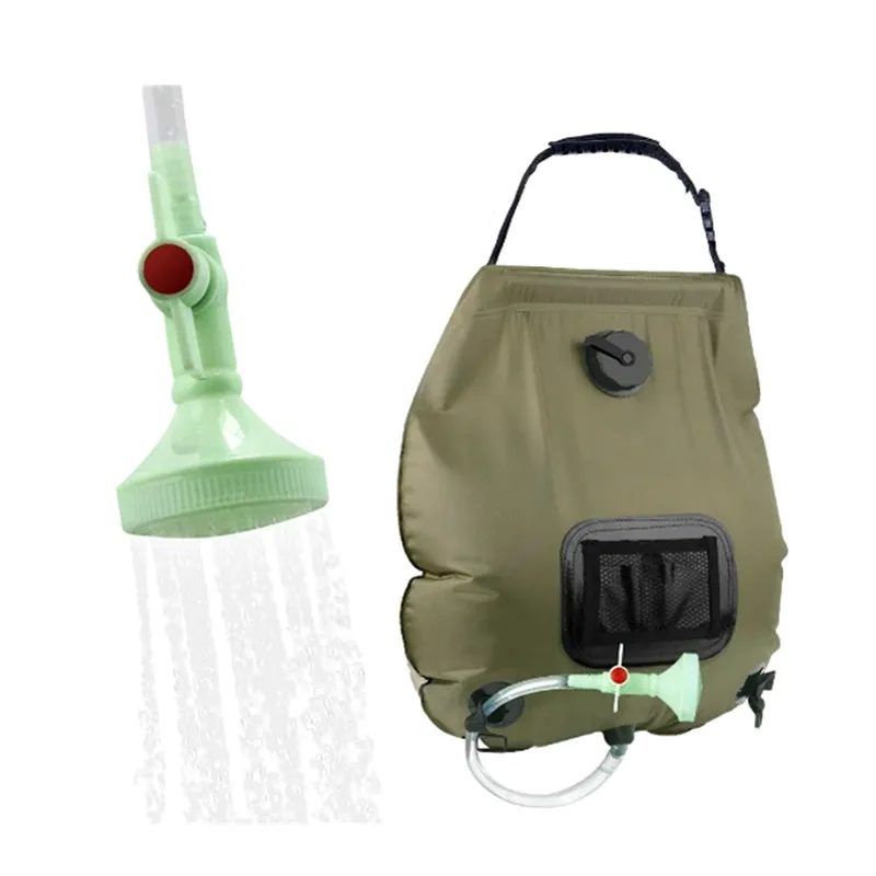 Army Green Сумки для воды на открытом воздухе, сумка для душа на солнечных батареях, походная сумка для душа, 20л, подогрев, походная сумка для душа, гидратация, шланг, переключаемая насадка для душа - Color: Army Green