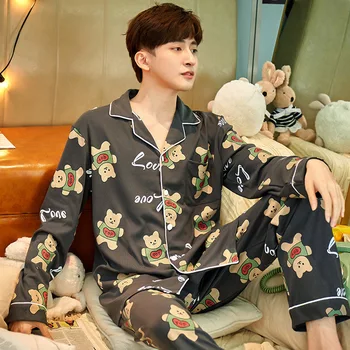 

Men's Pajamas Cotton Long-sleeved Pyjama Chaud Homme Comfortable Cartoon Lapel Casual Cardigan Home Clothes 2020 New Autumn