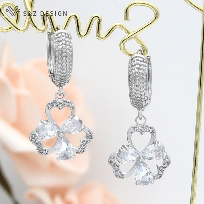 S&Z DESIGN New Fashion Elegant Cute Flower Cubic Zirconia Dangle Earrings For Women Girl Wedding Party Lovely Fine Jewelry