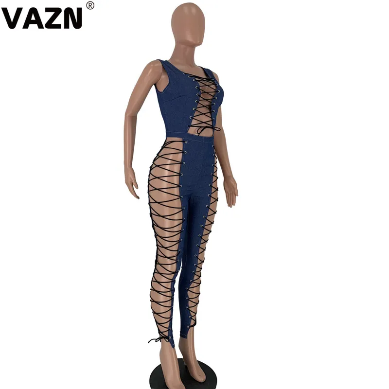 VAZN GFNN18242 drak blue hole bandage high street V-Neck Женский комбинезон без рукавов Короткие штаны комбинезоны сексуальные Клубные Комбинезоны