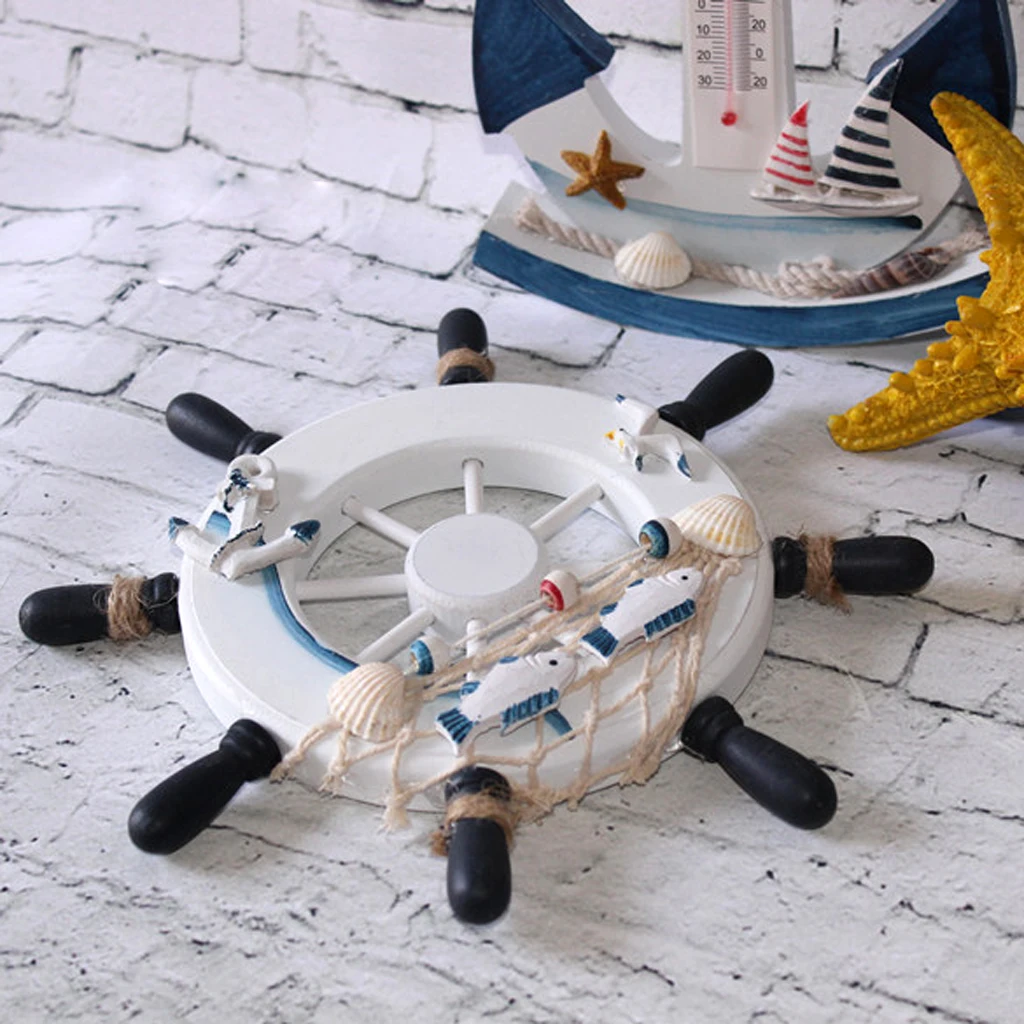 Wood Ship Wheel Nautical Seaside Wall Hanging Hook Nautical Door Plaque Signs for Home Garden Room Wall Decor Cafe Shop Ornament