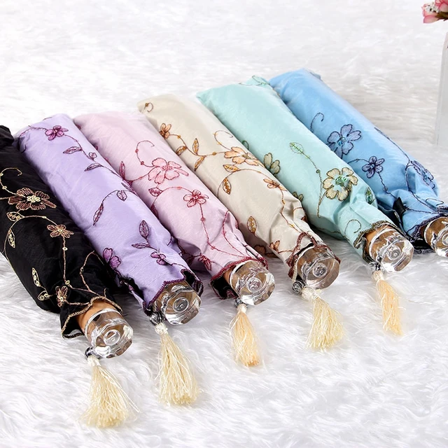 Csipke Virág Összecsukható Esernyők Uv Protection Sun Rain Esernyő Hímző Rózsaszín Virágnyomtatás Zseb Hercegnő - Image 6