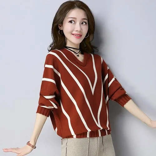 caramal pullover Woherb корейский полосатый вязаный пуловер Свитера v-образный вырез с длинным рукавом контрастные цветные Джемперы свободная модная новая одежда для женщин 90972 - Цвет: caramal pullover