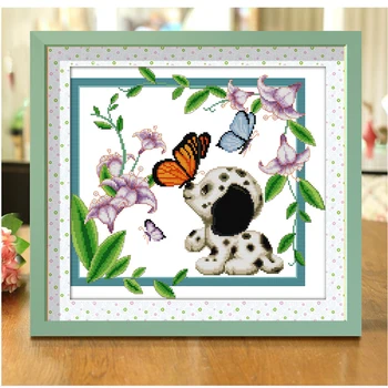 

Joy Sunday Cute puppy and butterfly cross stitch kits Dogs pattern pattern DMC Printed Chinese embroidery needlework Decorations