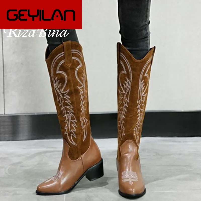 

2020 New Knee High Boots Fashion Embroidery Long Boots Winter Warm Round Toe Mid Heel Shoes Women Footwear Size 33-46