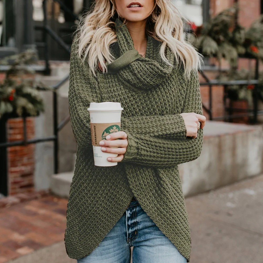 Tanie Kobiet sweter z golfem jesień na co dzień luźne guziki z dzianiny kobiet sweter moda nieregularne stałe Plus rozmiar sweter swetry