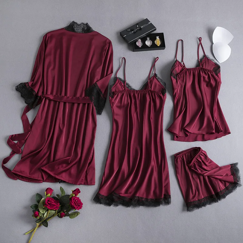 

Lace Wedding Robes 4pcs Set Sling Silk Robes for Bridesmaids Long Sleeves Stain Spring Summer Sexy Dressing Gown Short 40-65kg