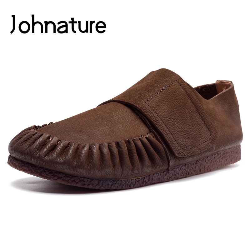 

Johnature Genuine Leather Women Shoes Retro Hook & Loop 2019 New Autumn Flats Casual Round Toe Pleated Loafers Ladies Shoes