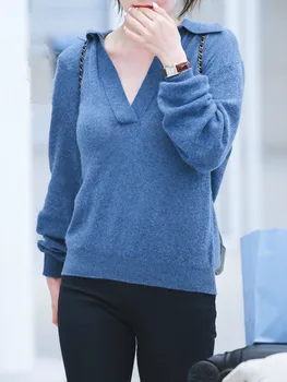 

New Fashion Womens Knitted Sweater Turn down V-neck lady Slim Long Sleeve Jumpers Sweaters Female Knitwear Pullover Top 2020