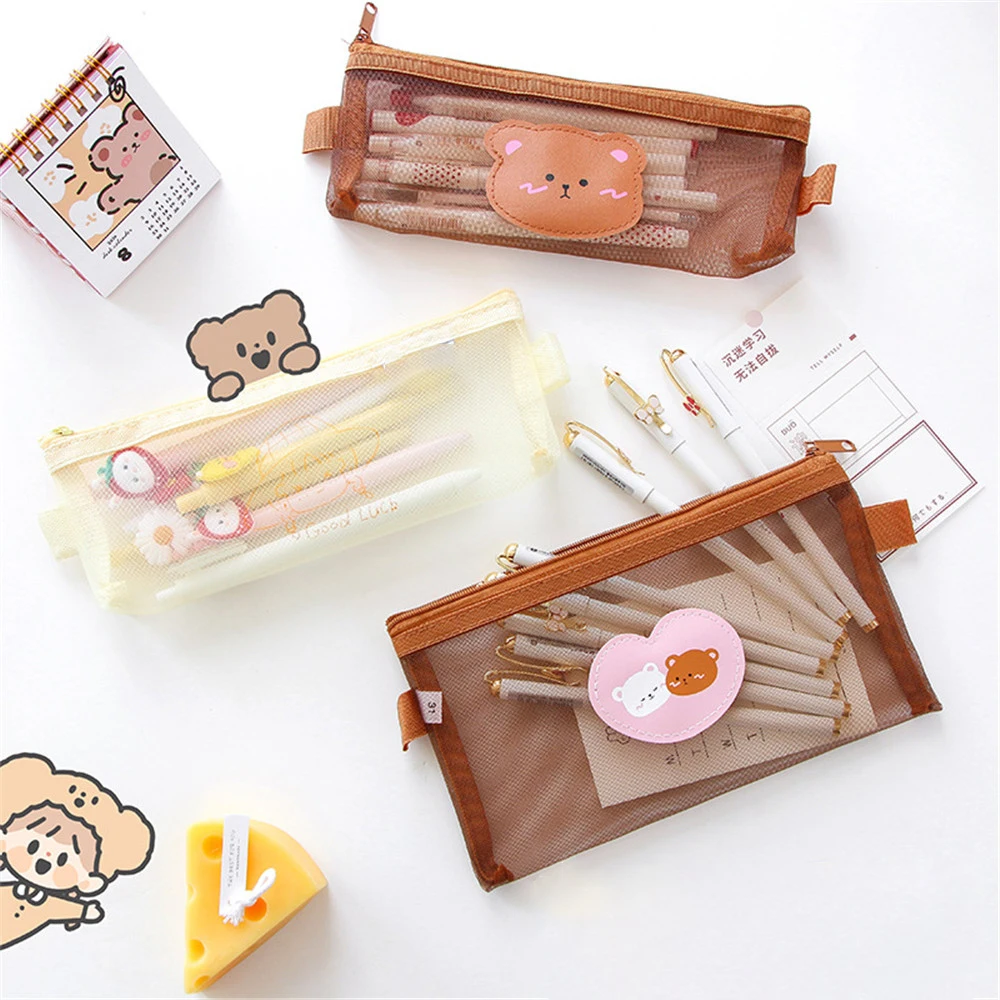 Cute Bear Transparent Mesh Pencil Case Ins Portable Toiletry Makeup Pencil Bag Stationery Gift School Pencil Box Crafts Supplies