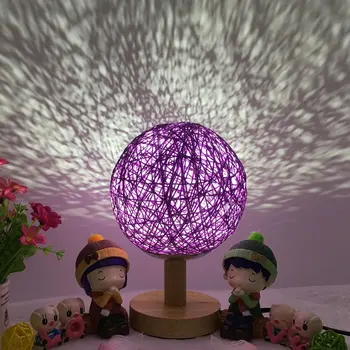 

Romantic Rattan Ball Night Light with Wood Base Round Lampshade Night Lamp Home Decor Bedside Desk Lamp for Party Wedding