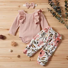 3 предмета, осенняя одежда для маленьких девочек модный милый комбинезон с длинными расклешенными рукавами, топы, Цветочные штаны и повязка на голову, наряды повседневные комплекты