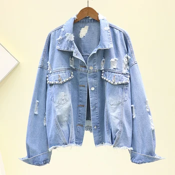 

2020 Spring Beading Hole Denim Jacket Women Casual Outwear Loose Short Long sleeve Elastic waist Jeans Jacket Basic Coat Female