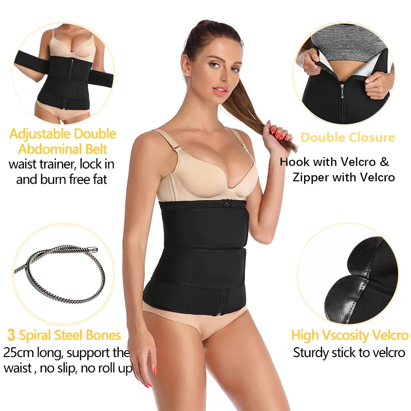 Neoprene Silver Coating Sweat Sauna Waist Trainer Belt Adjustable Workout Body Shaper with Double Strap Zipper Trimmer Women Men