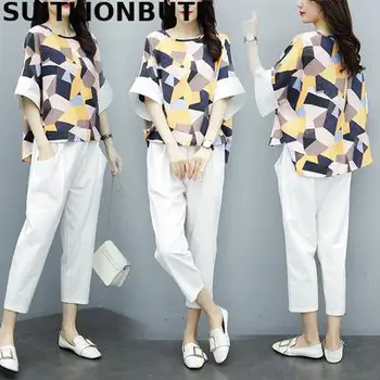

Suitlionbutf 2020 Summer Cotton And Linen 2 Piece Set Geometric Print Tops Elastic Waist Wide Leg White Pants Ensemble Femme