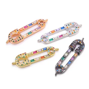 

Copper Micro-inlaid Zircon Paper Clip Pin Shape Double Hanging Bracelet Necklace Chain Connector DIY Jewelry Making Accessories