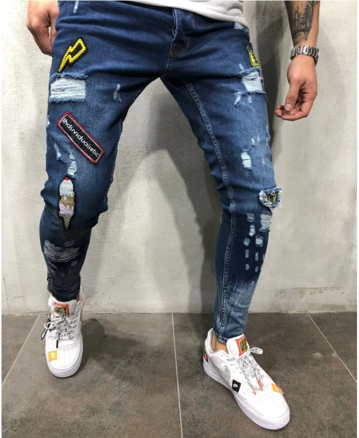 3 вида стилей, мужские рваные обтягивающие байкерские джинсы, рваные потертые джинсы с вышивкой, облегающие джинсовые штаны, джинсы размера плюс 3XL - Цвет: dark blue