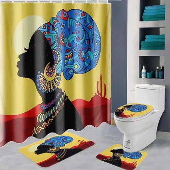 

Polyester Bathroom Curtain Waterproof Shower Curtain Toilet Cover Pedestal Non-Slip Rug African Girl Pattern Bath Curtain Combo