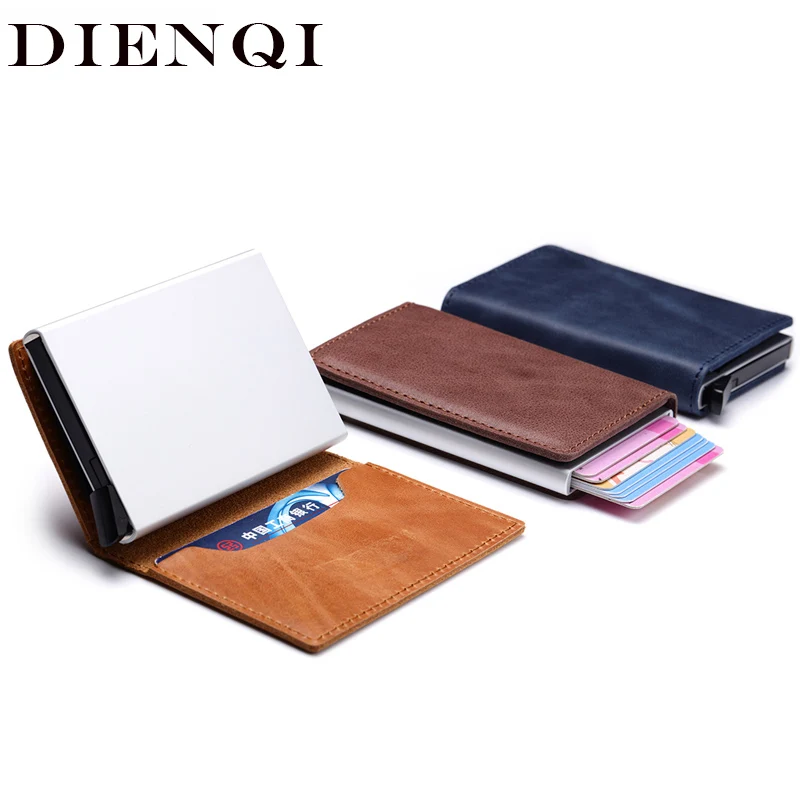 DIENQI Rfid Блокировка натуральная кожа кредитный держатель для карт кошелек мужской мини тонкий Анти вор Бизнес id визитница чехол из алюминия