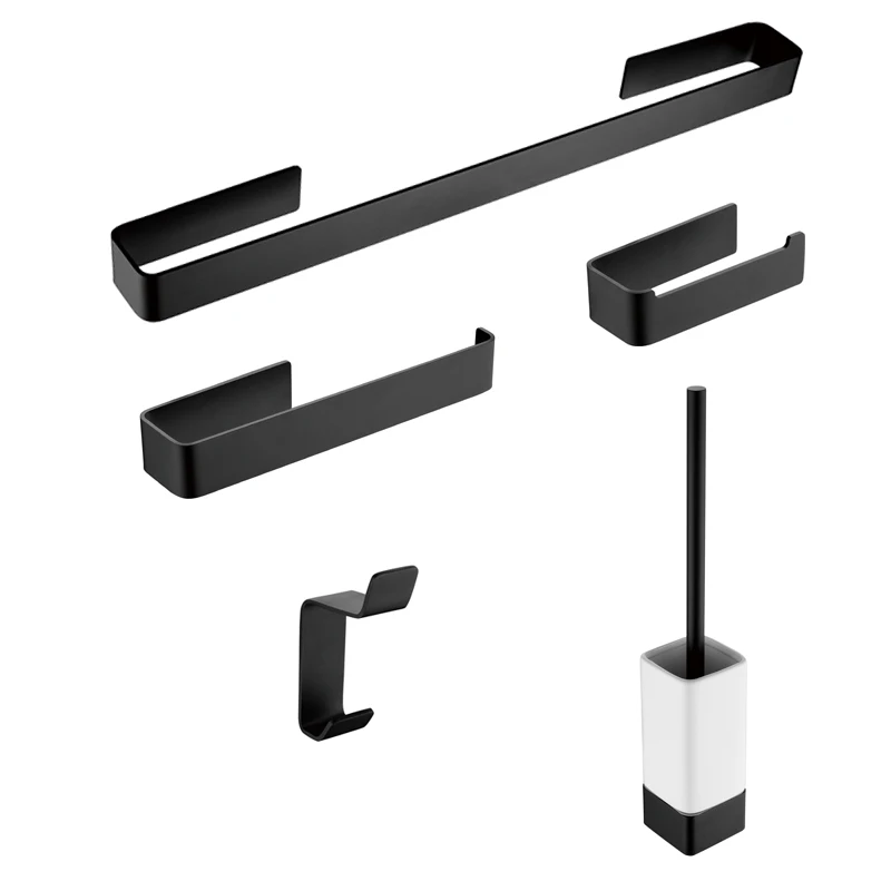 Aluminum Bathroom Accessories Set No Drill Toilet Brush Holder Ceramic Roll Paper Holder Black Robe Hook Towel
