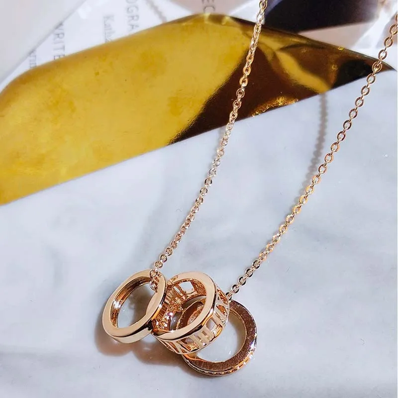 Luxury Brand Jewelry Titanium Steel 18K Real Gold Plating Roman Numeral Crystal Necklace Female Charm Golden Necklace For Women