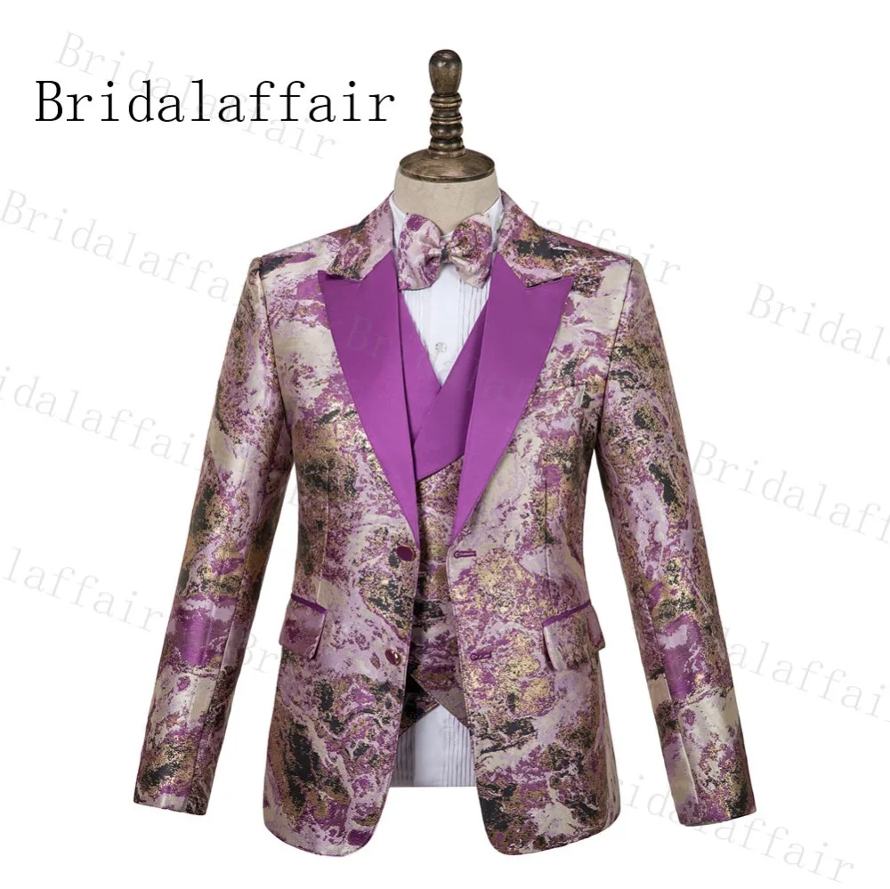 Bridalaffair, Мужские жаккардовые костюмы с отворотом, уникальный узор, лучшие мужские свадебные костюмы, смокинги, Блейзер, жилет, брюки