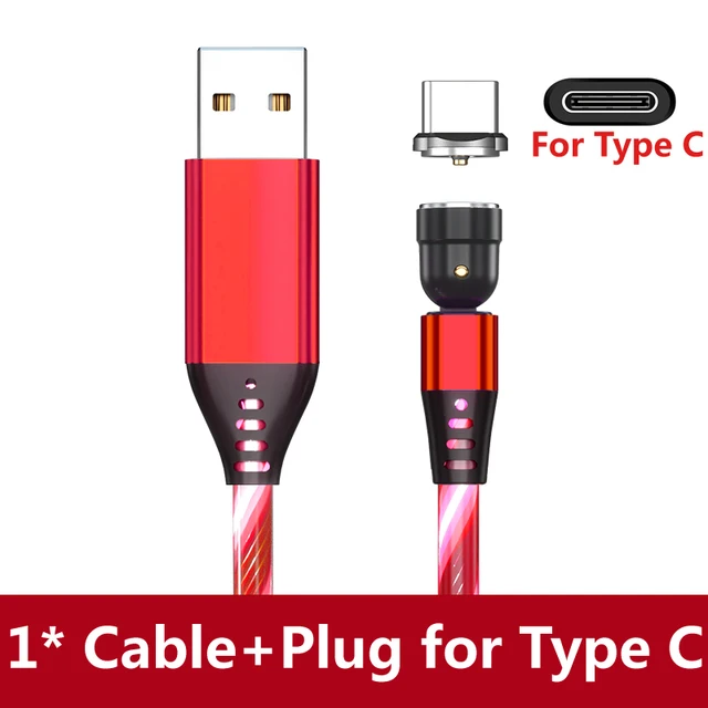 AUFU LED Flowing Light Charging Magnetic USB Cord Glow Type C Cable Magnetic Cable Micro Charger Cable for iPhone Huawei Samsung Red for Type C