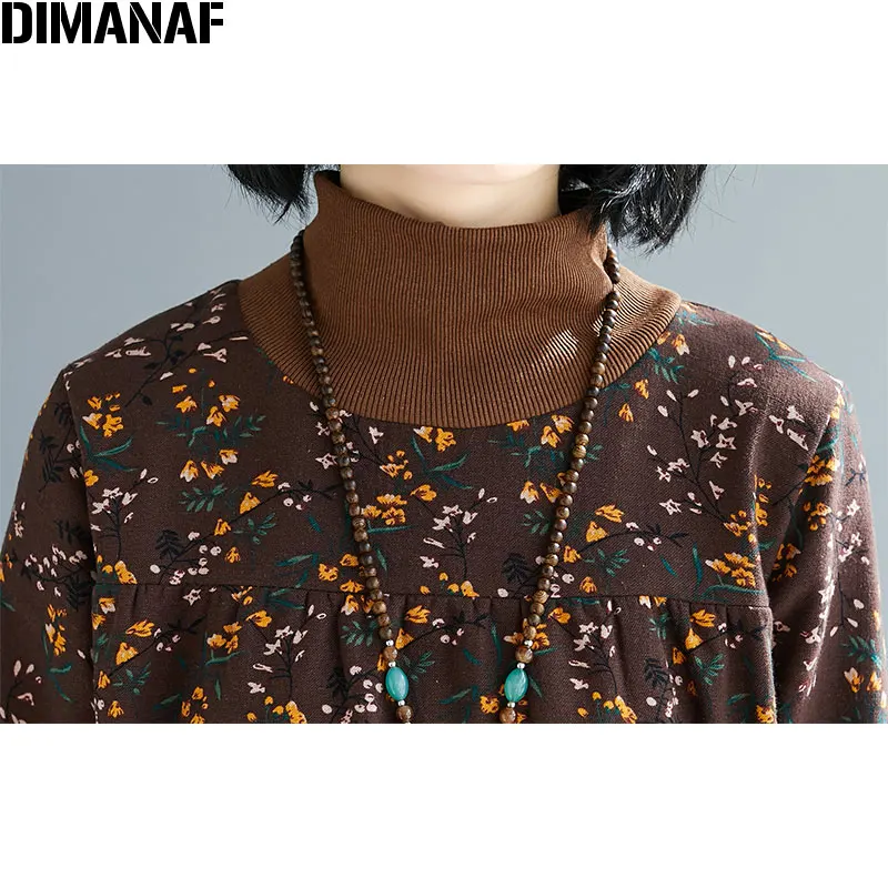 DIMANAF, женское платье большого размера, Осеннее, женское, водолазка, цветочный принт, пэчворк, о-образный вырез, хлопок, свободные топы, больше размера, платье M-4XL