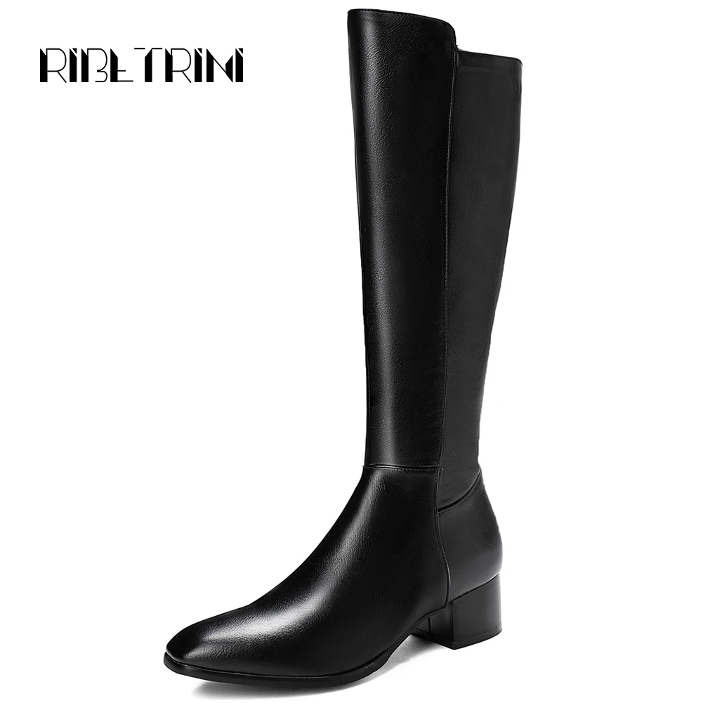 

RIBETRINI New Fashion Lady Elegant Mid Calf Boots Causal Square Heel Boots Women 2020 OL Zipper Black Cool Woman Shoes