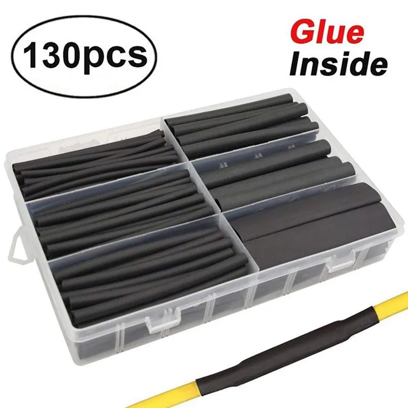 

130 Pcs Heat Shrink Tube With Glue Black Cable Sleeve Insulation Sleeving Kit Krimpkous Termoretractil 30JULY30